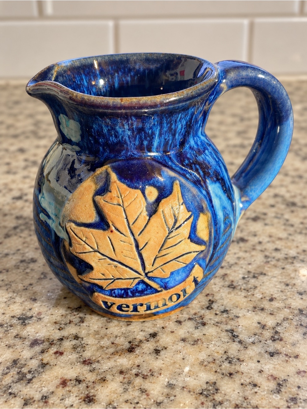 Handmade Vermont Blue Stoneware Pottery Pitcher Maple Leaf Signed Dave